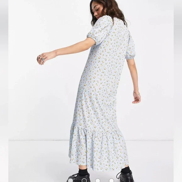 NEW Topshop Jersey midi dress pale blue women’s 6 floral cottagecore ruffle - Picture 15 of 16